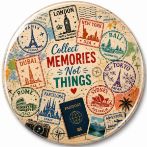 "PASSPORT STAMPS" 58 MM ROUND FRIDGE MAGNET