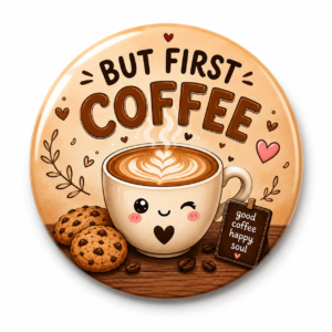 "BUT FIRST COFFEE" 44MM/58MM ROUND PIN BADGE