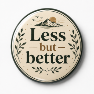 "LESS BUT BETTER" 44MM/58MM ROUND PIN BADGE
