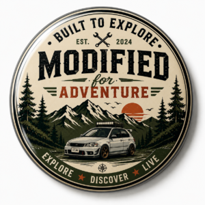 "MODIFIED FOR ADVENTURE" 44MM/58MM ROUND PIN BADGE