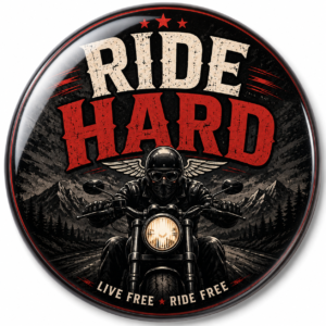 "RIDE HARD" 44MM/58MM ROUND PIN BADGE